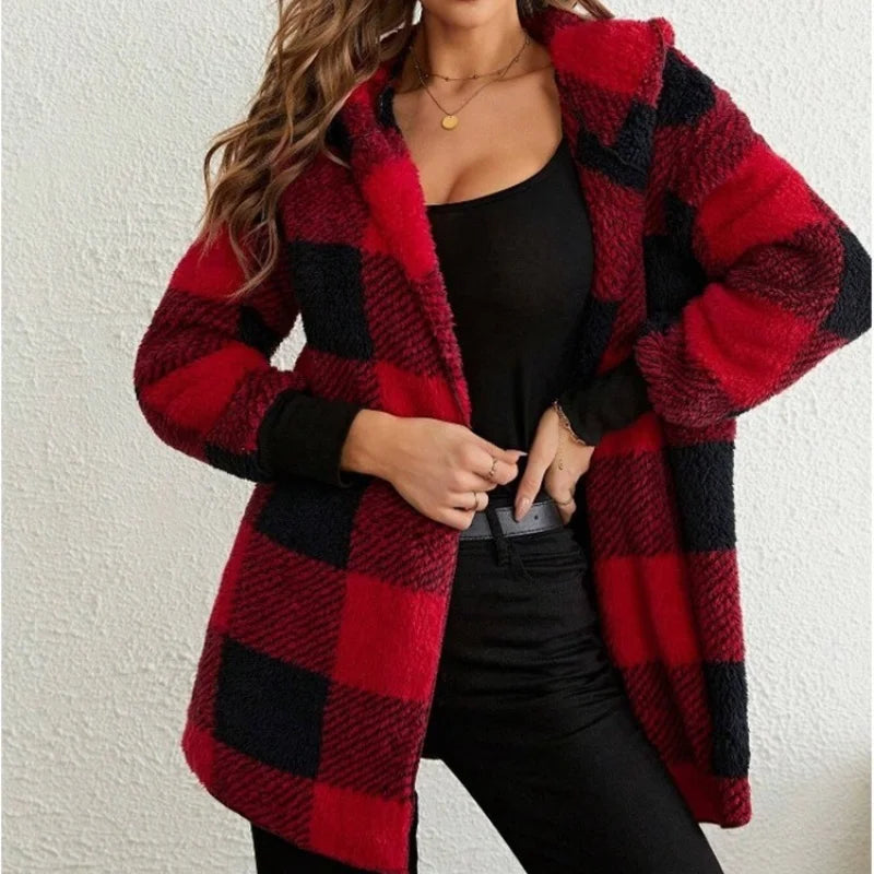 Women's Plaid Fleece Hooded Cardigan Jacket With Patchwork Design