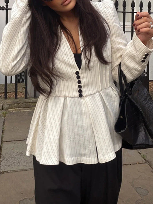 Chin Sweety Striped Peplum Blazer Blouse For Women Office Wear