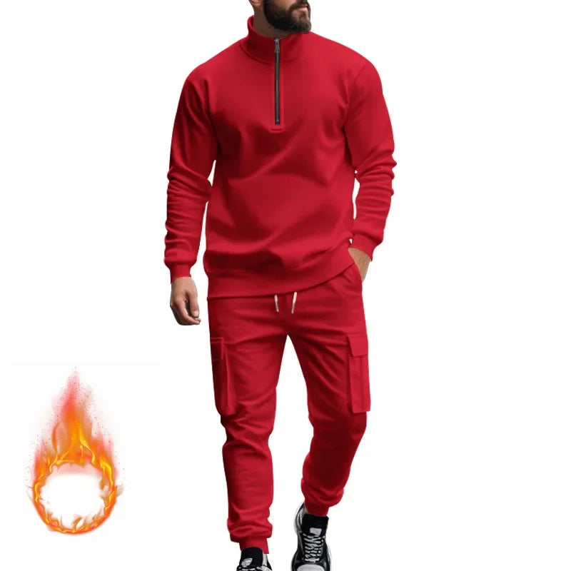 2024 autumn and winter men's casual velvet warm zipper sports trousers set