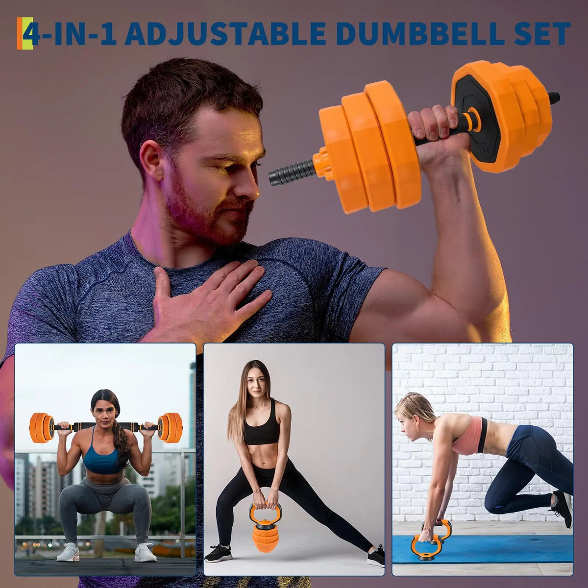 Adjustable Dumbbells 44lb Connector 4-In-1 Free Weight Barbell Kettlebell Set