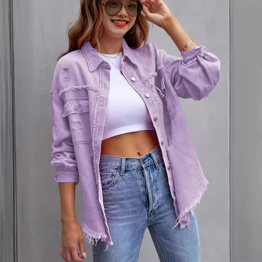 CLILSNOW Women's Long Sleeve Denim Jacket With Turn Down Collar