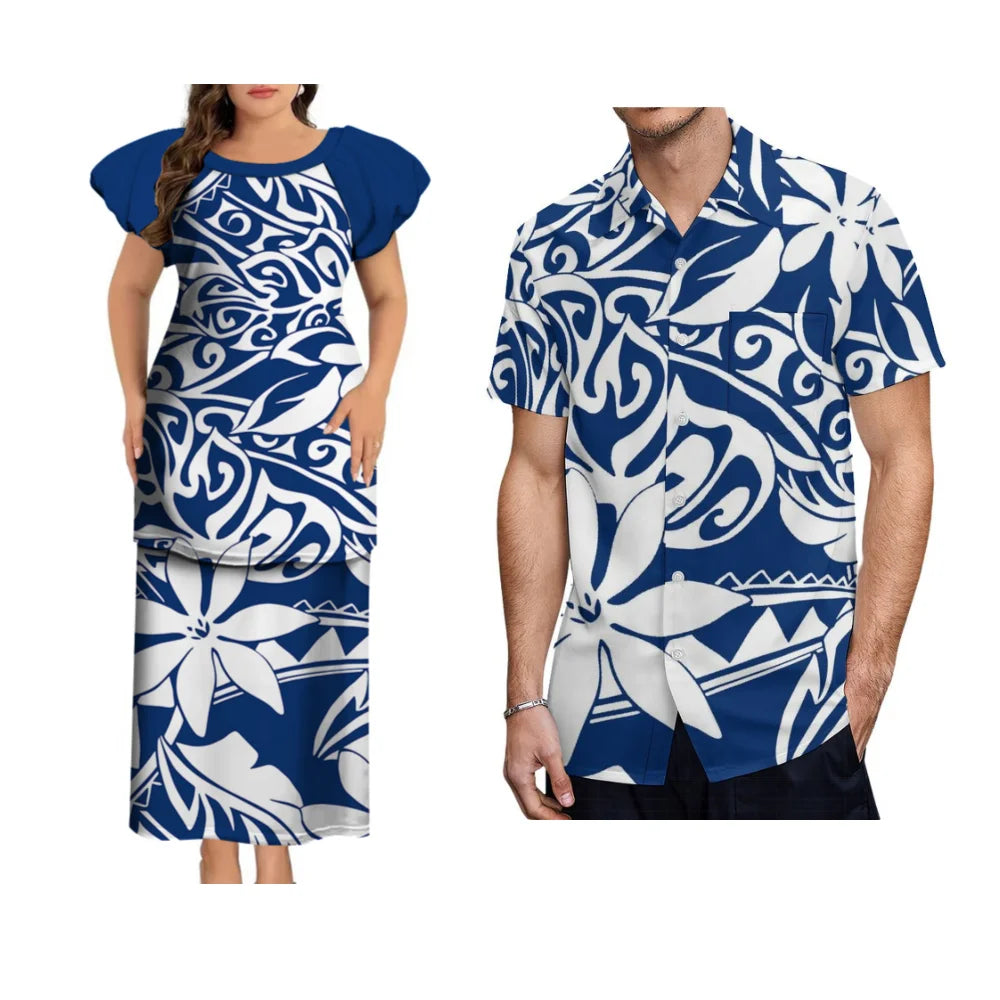 Puletasi Custom Polynesian Floral Print Long Dress Tonga Fiji Samoa Island Couple Suit Men'S Shirt Women'S Long Dress 2025 New