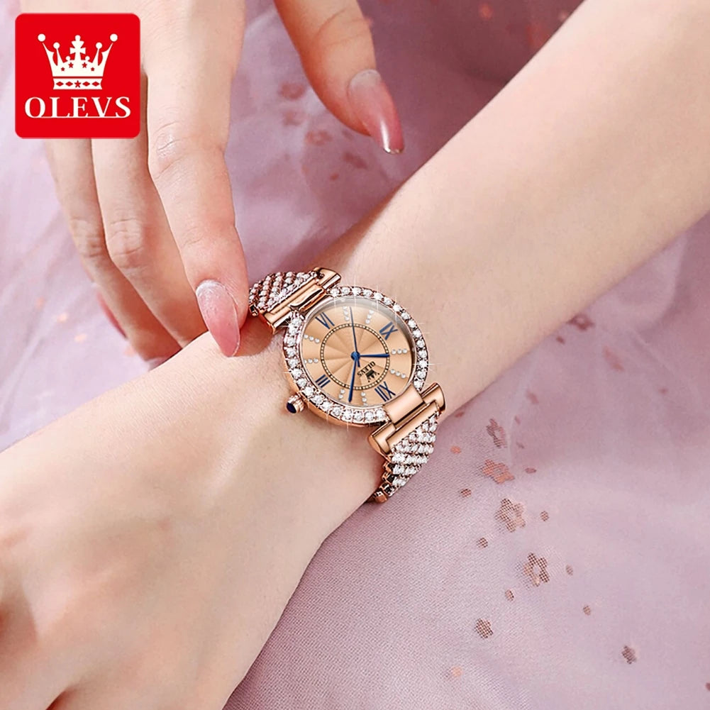 OLEVS Women's Quartz Watch With Diamond Strap And Roman Dial