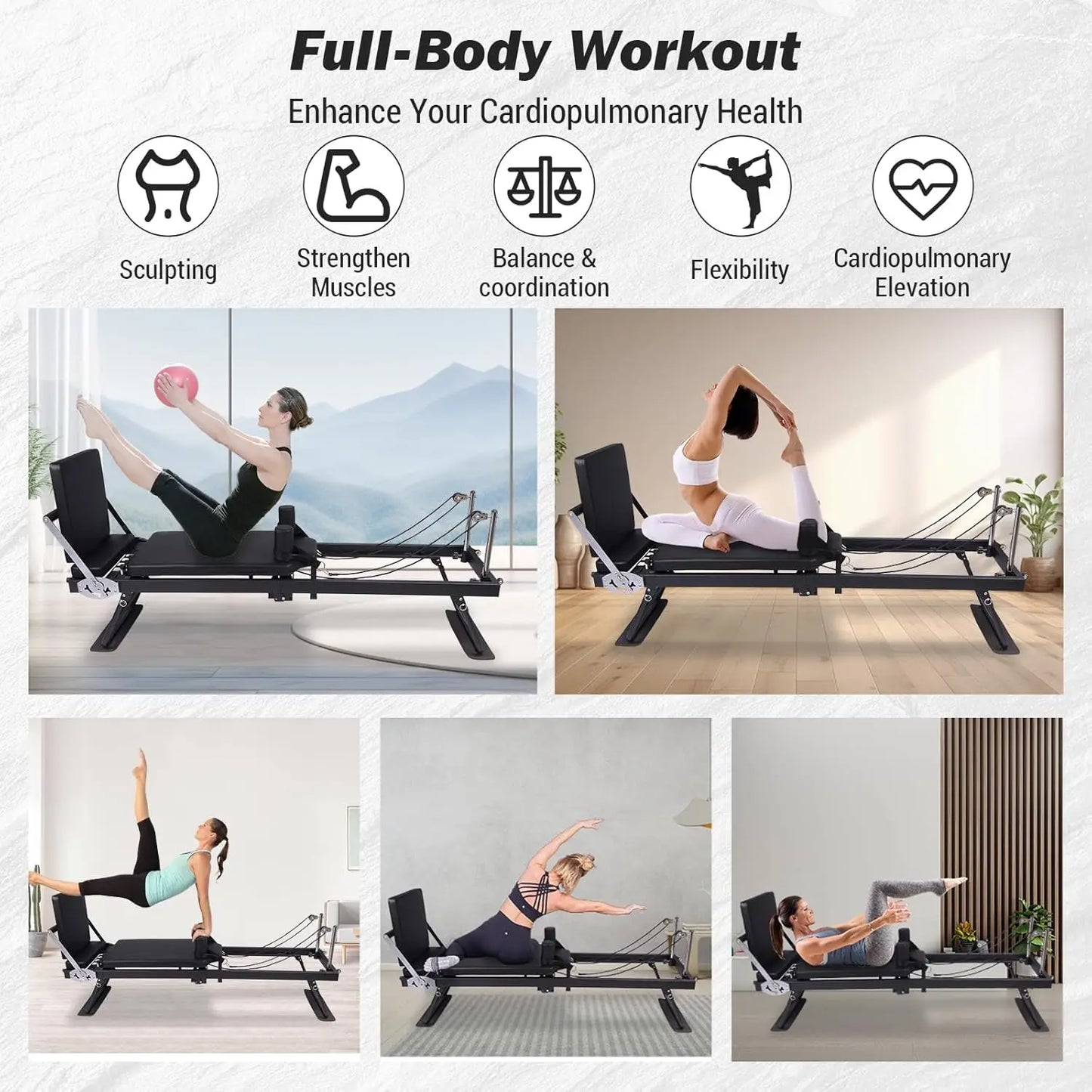HiMISS Foldable Reformer Pilates Machine With Piano Wire Springs