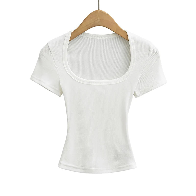 Dozw Square Collar High Stretch Summer Crop Top For Women Slim Fit Short Sleeve