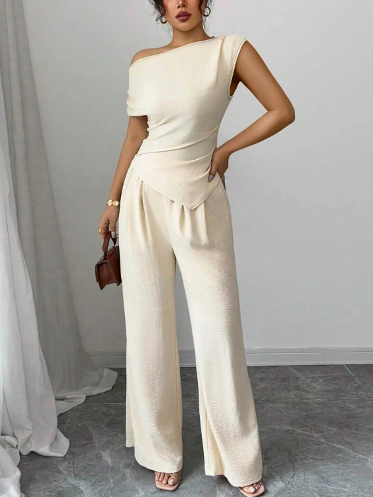 Ladies Asymmetric Top And Wide Leg Pants Two Piece Set