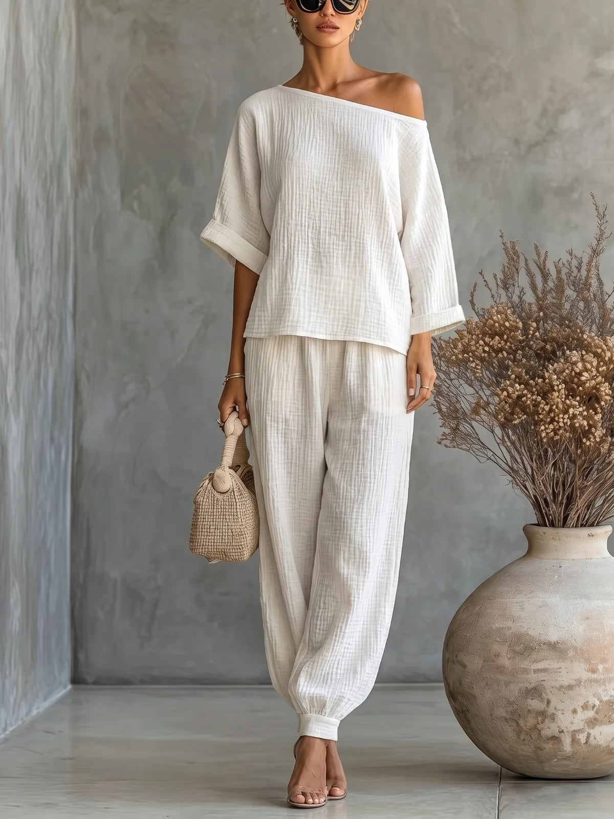 Women's Off Shoulder Textured Two Piece Top And Jogger Suit