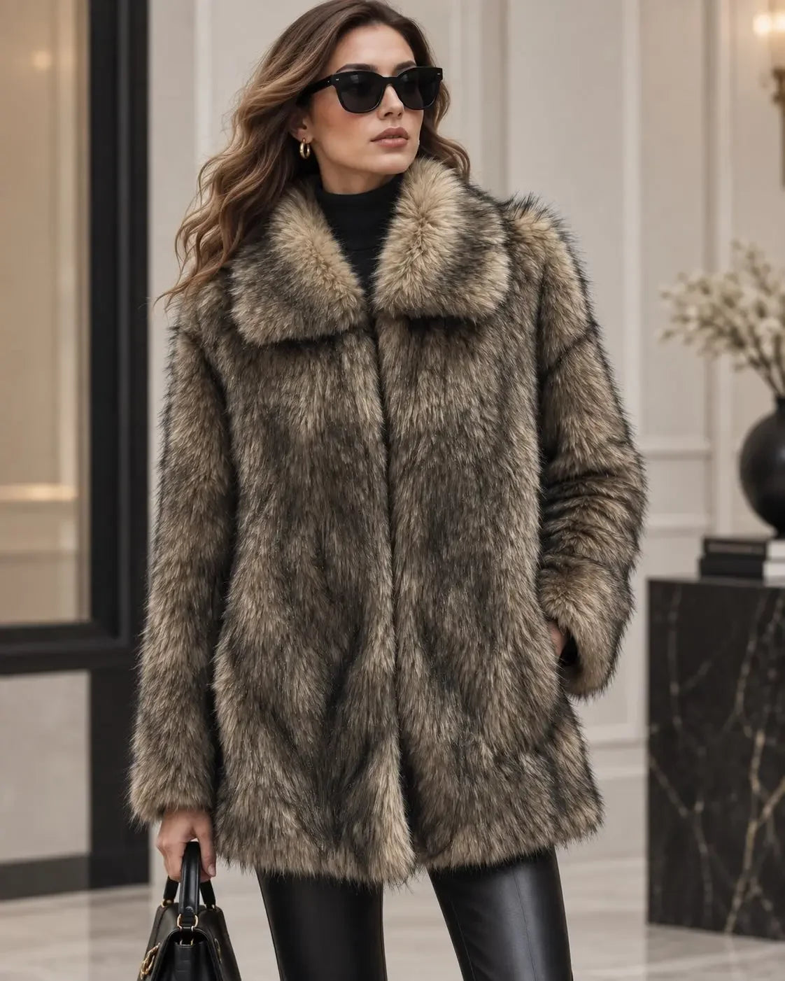 Women's Elegant Faux Fur Lapel Coat With Plush Warmth