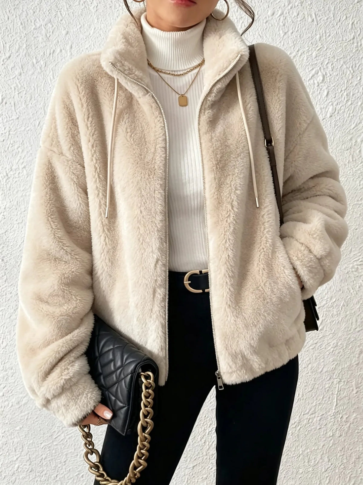 Women's Fuzzy Fleece Zip Up Jacket Loose Winter Plush Coat
