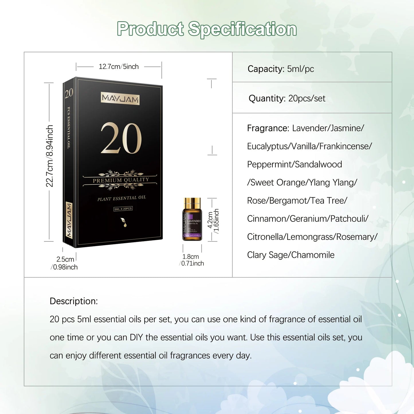 MAYJAM 20 Essential Oils Kit Set Lavender Jasmine Eucalyptus Vanilla
