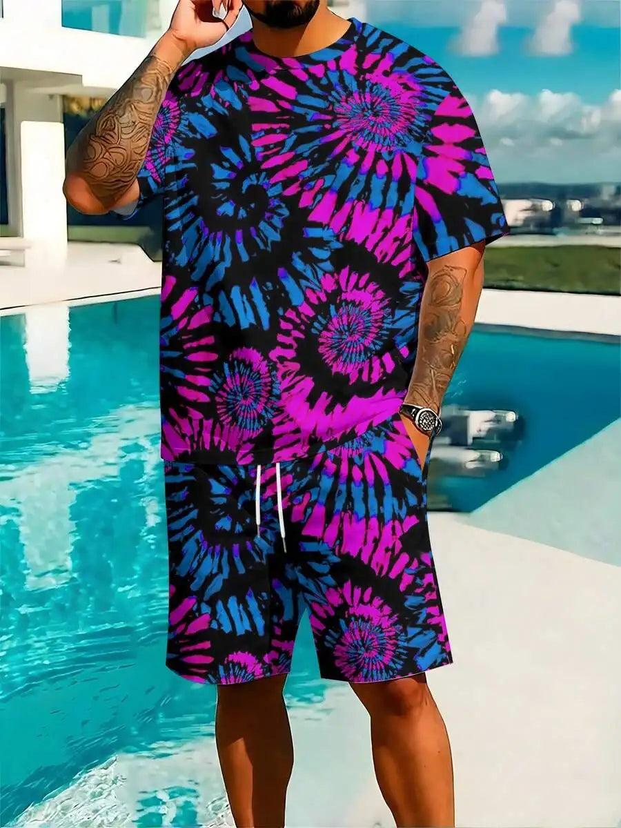 Mens Tie-Dye Two-Piece Short Sleeve Tee And Shorts Set