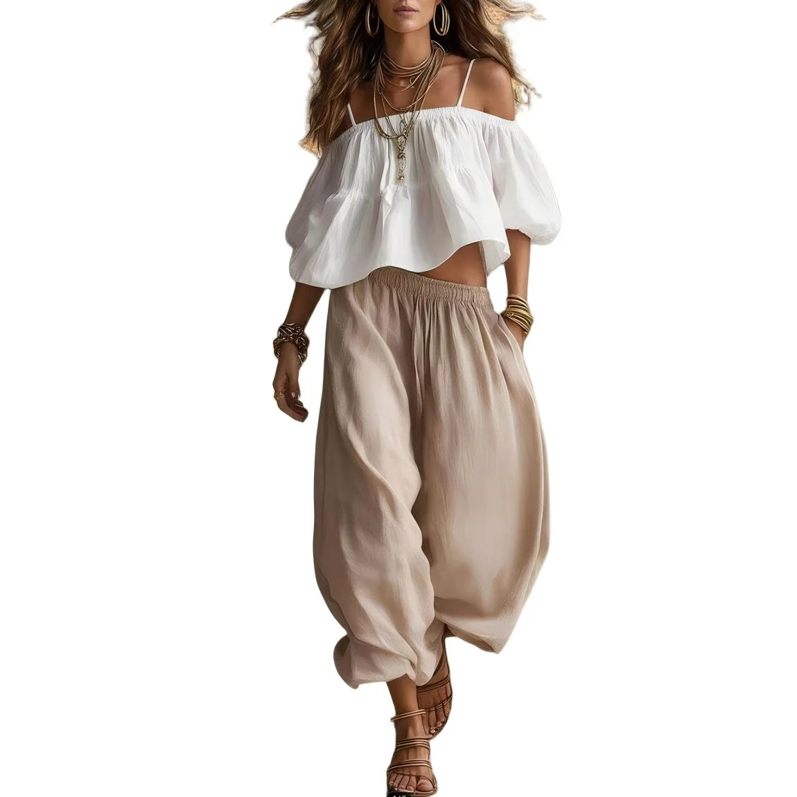 Women Boho Off Shoulder Crop Top And Harem Pants Set