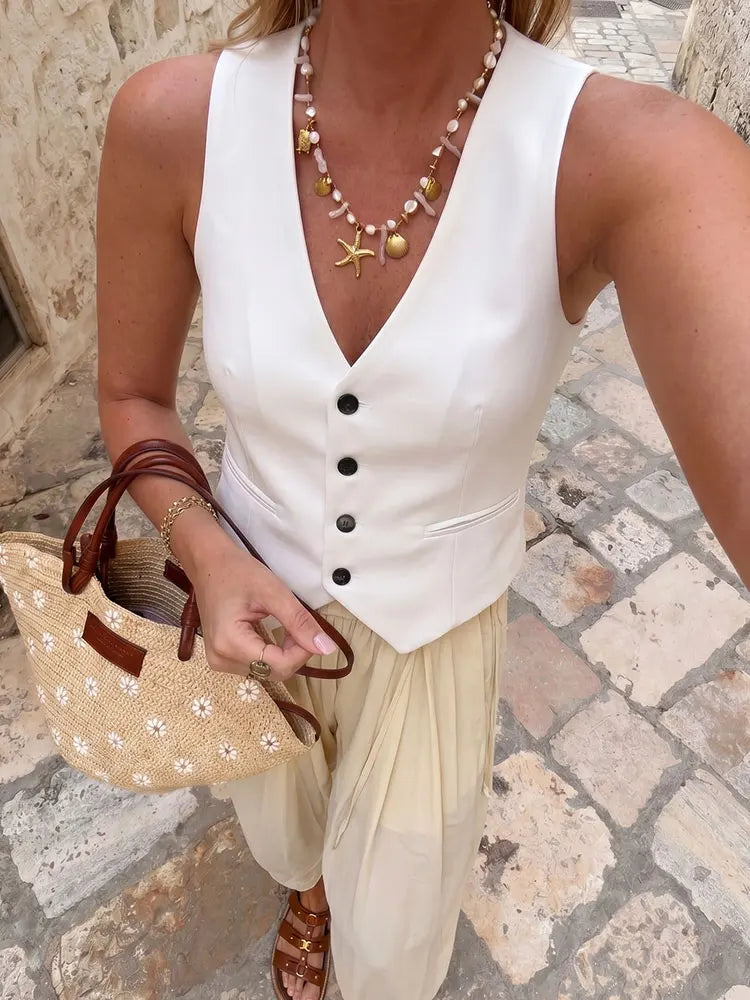 HH Women Fitted Solid Vest Top V Neck Button Streetwear