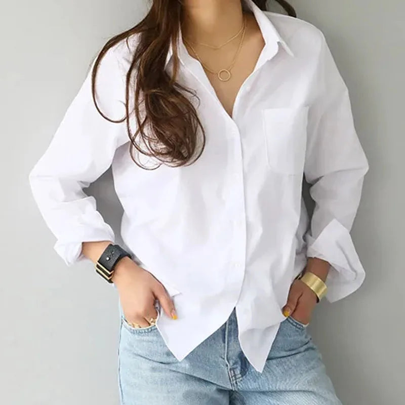 Magesuek Cotton Lapel Long Sleeve Office Blouse For Women