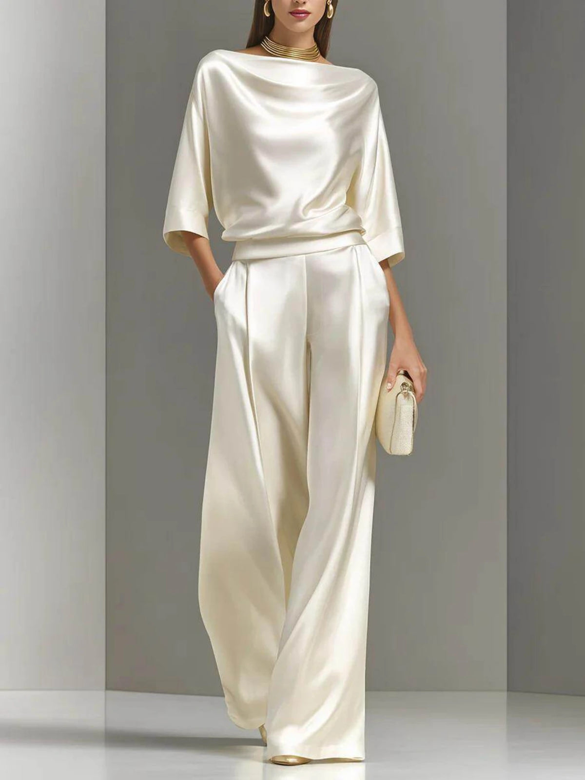 Women Cowl Neck Top With Matching Wide Leg Pants Outfit