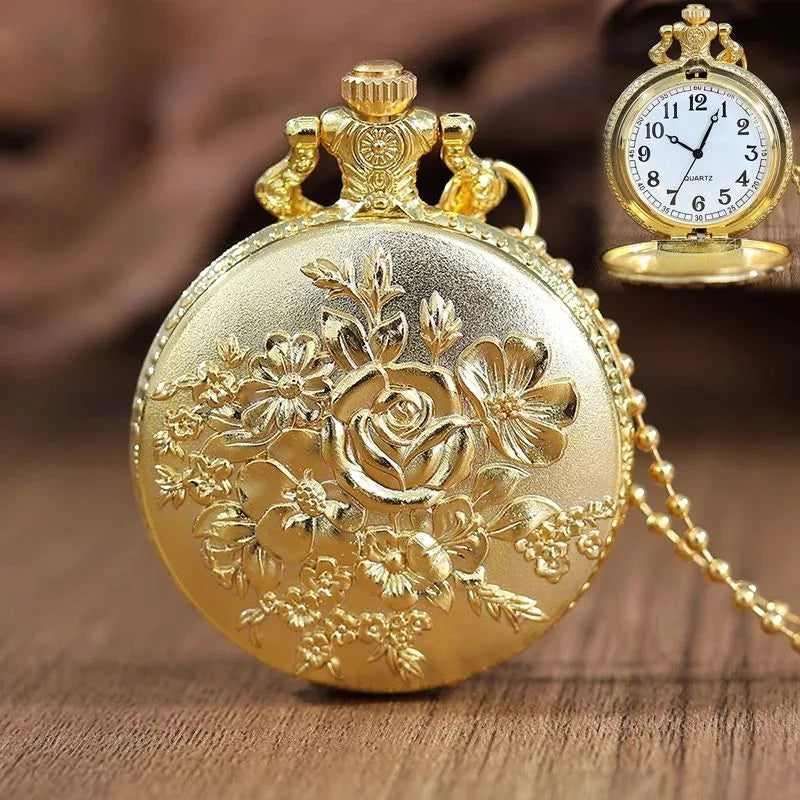 Roman Numerals Quartz Pocket Watch Unisex Hollow Carved Design Necklace Gift