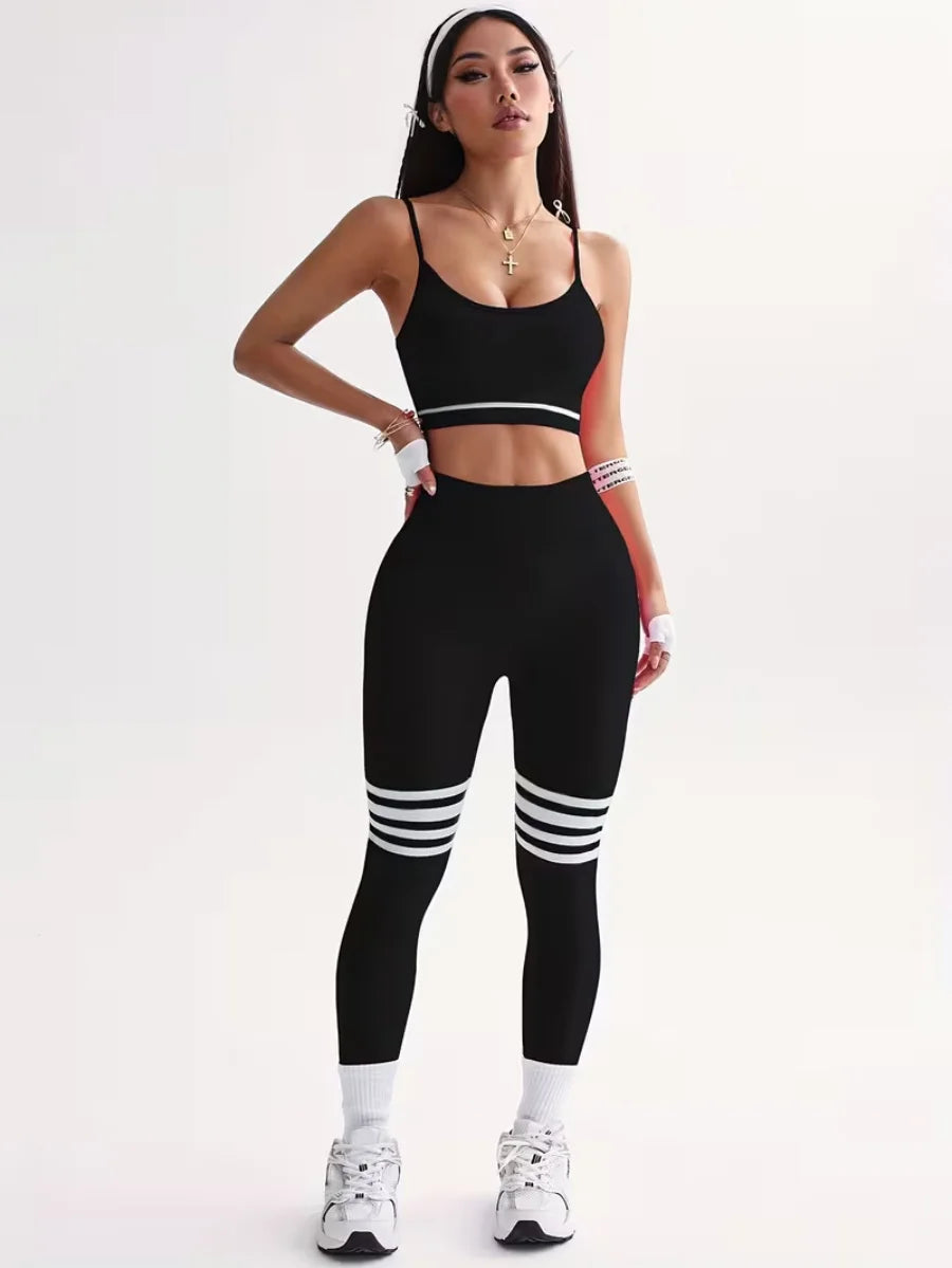 Womens Striped Tracksuit Set Crop Top Leggings Bra
