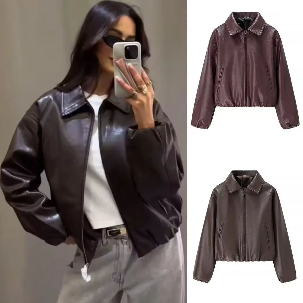 Women's Long Sleeve Leather Jacket With Turn Down Collar