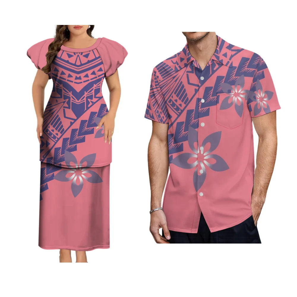 Puletasi Custom Polynesian Floral Print Long Dress Tonga Fiji Samoa Island Couple Suit Men'S Shirt Women'S Long Dress 2025 New