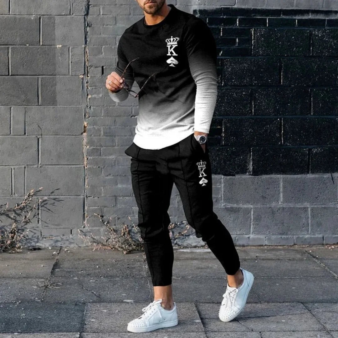 Mens Casual Tracksuit Set Long Sleeve T Shirt Trousers