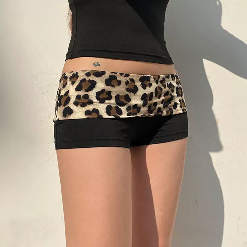 MAXAKG Contrast Patchwork Leopard Low Waist Booty Shorts