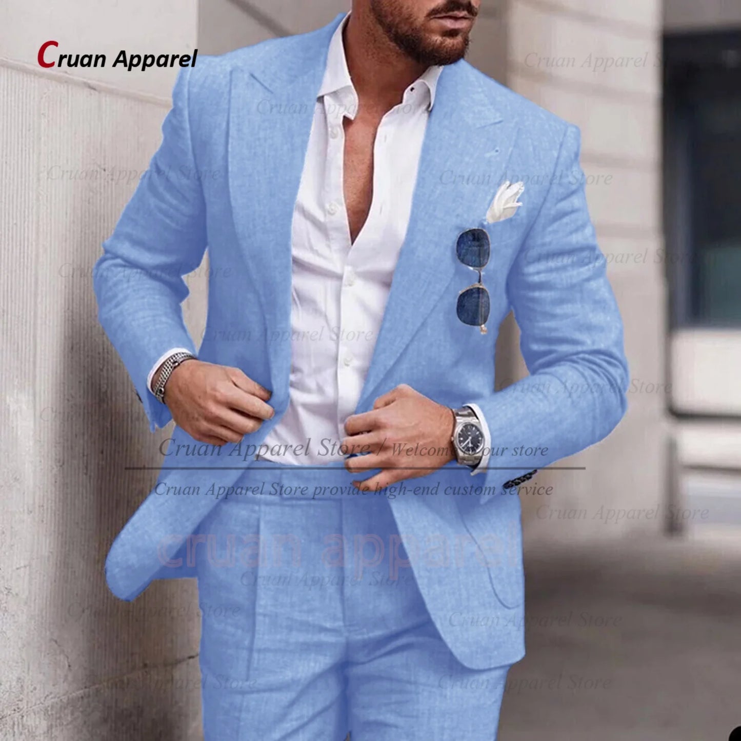 Men's Linen Suit Set With Peaked Lapel Blazer Pants