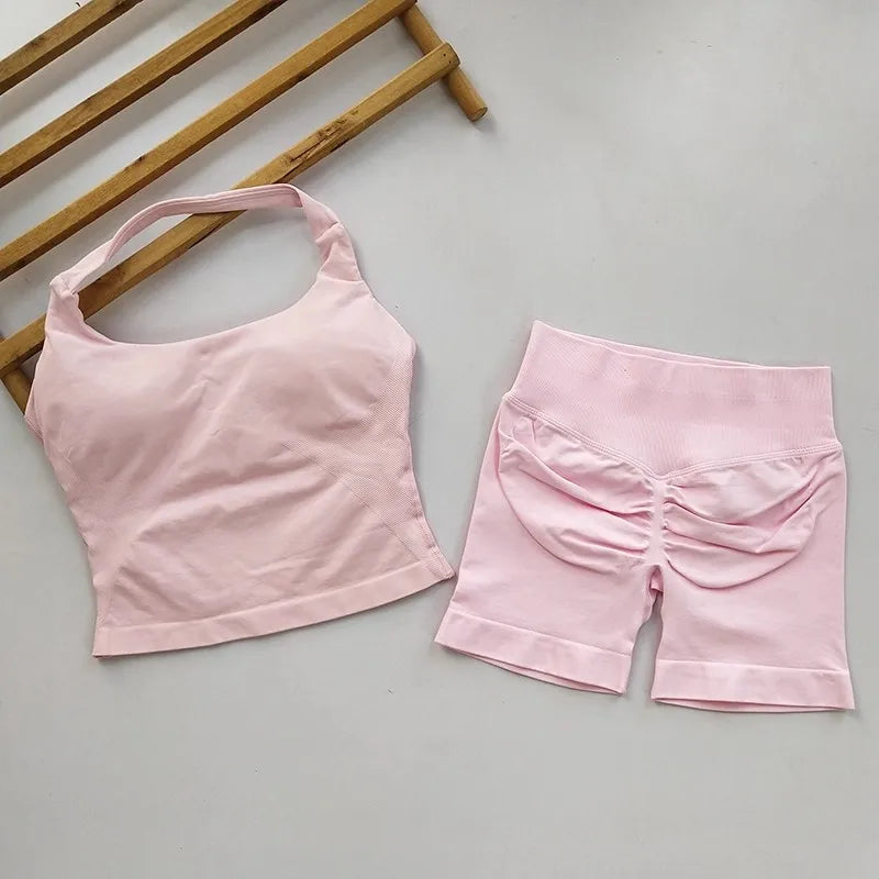 Yoga 2 Piece Seamless Backless Halter With High Waist Shorts