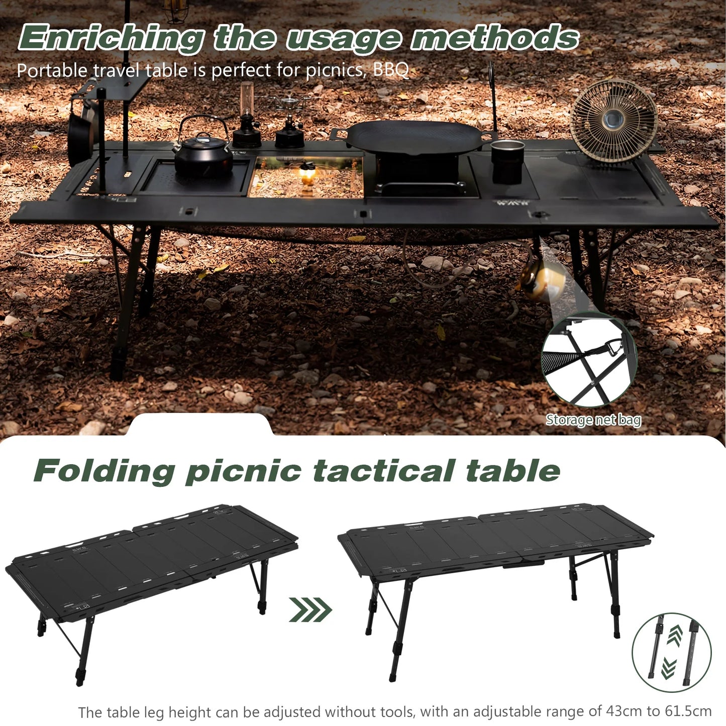 Foldable Camping Table with Adjustable Height Legs 120kg Load Capacity Carry Bag