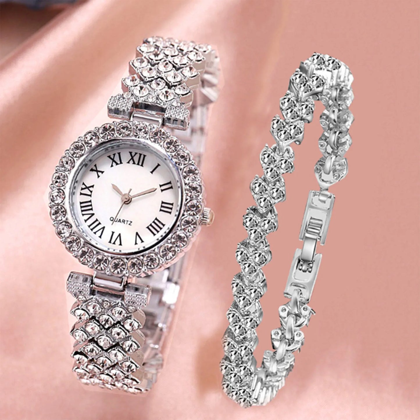 Crystal Diamond Women Watches Set Two Piece Rhinestone Bracelet Gift