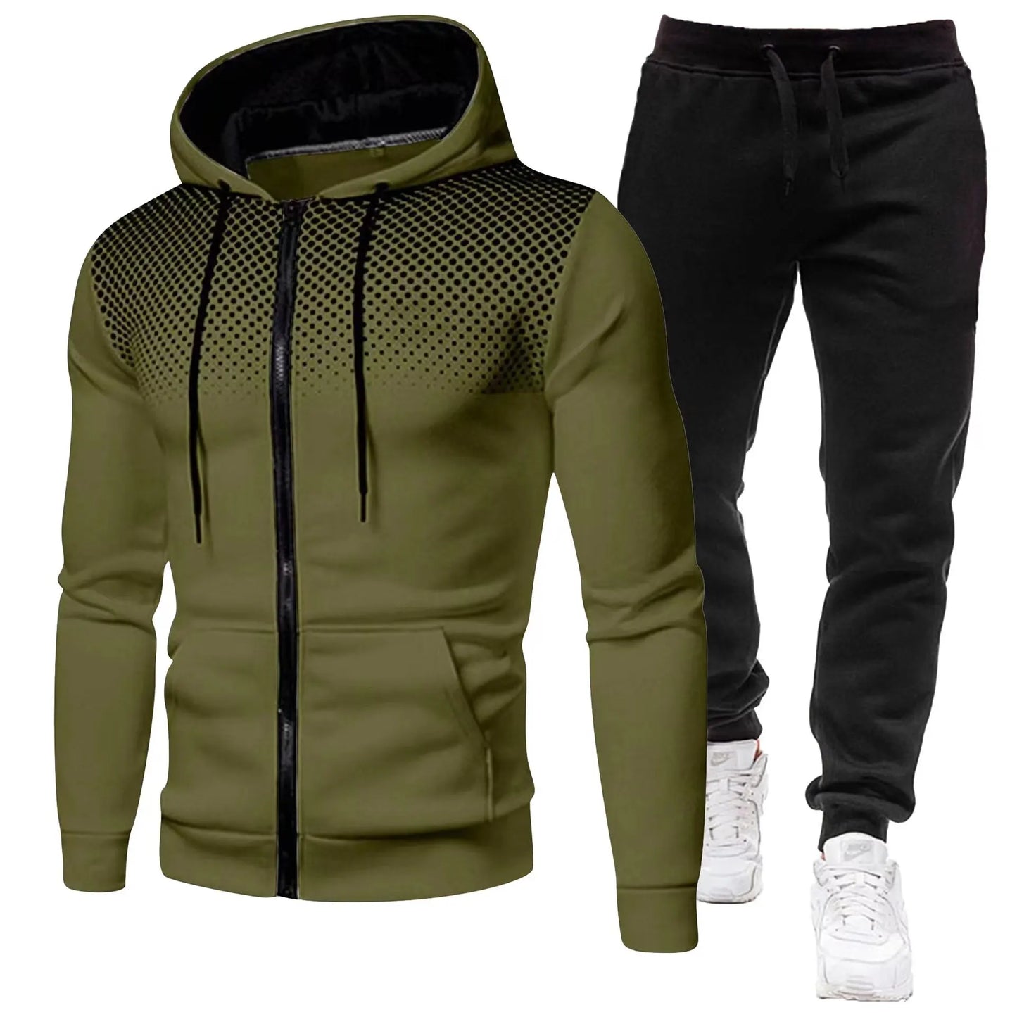 Fashion Print Tracksuit For Men Zipper Hooded Sweatshirt And Sweatpants