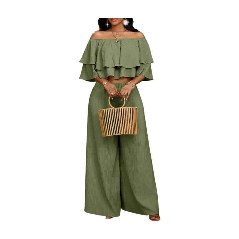 Womens Off Shoulder Ruffle Crop Top Wide Leg Pants Set