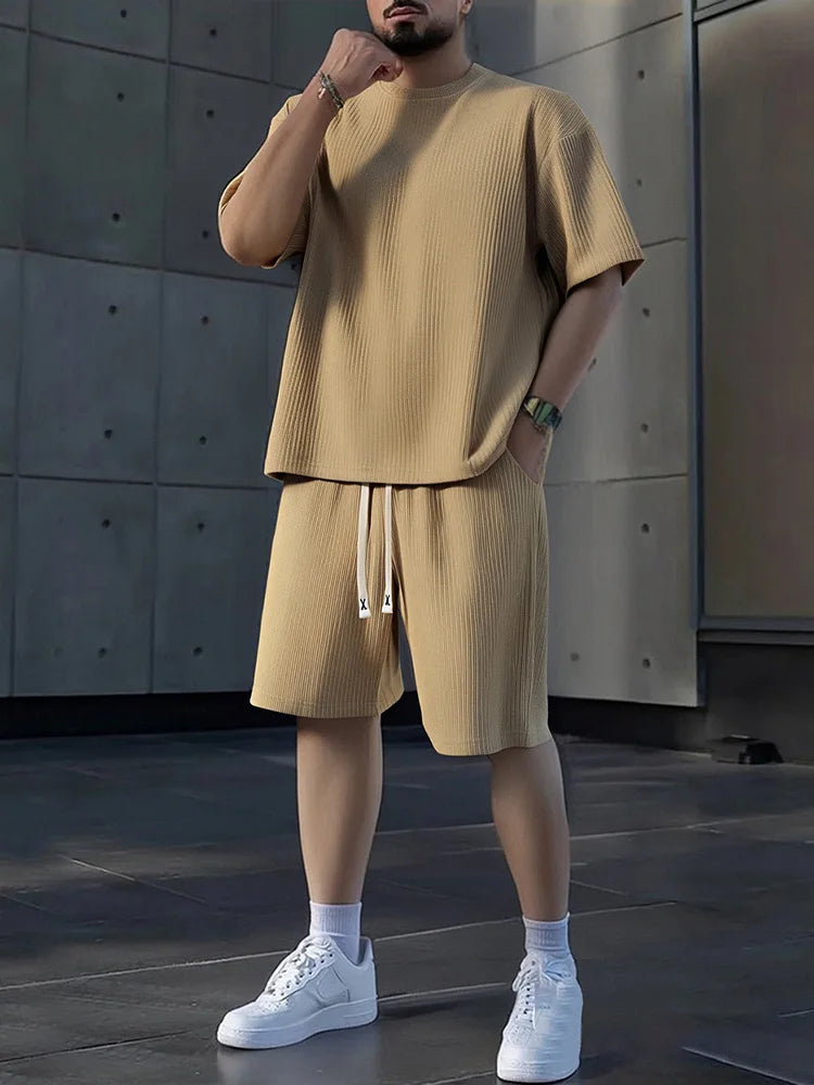 Men's Athletic Crew Neck Short Sleeve Shorts Set Breathable Fabric