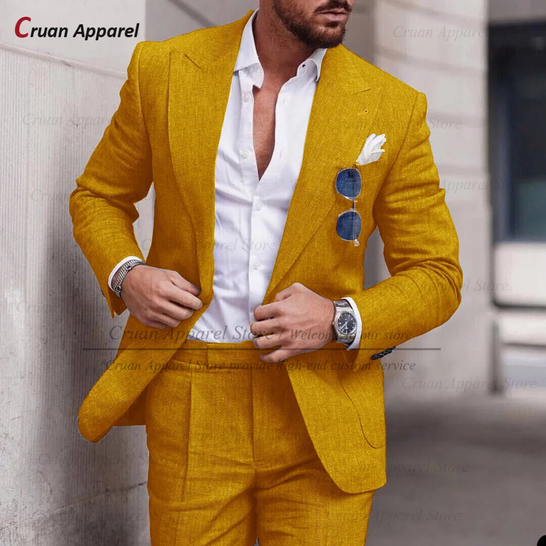 Men's Linen Suit Set With Peaked Lapel Blazer Pants