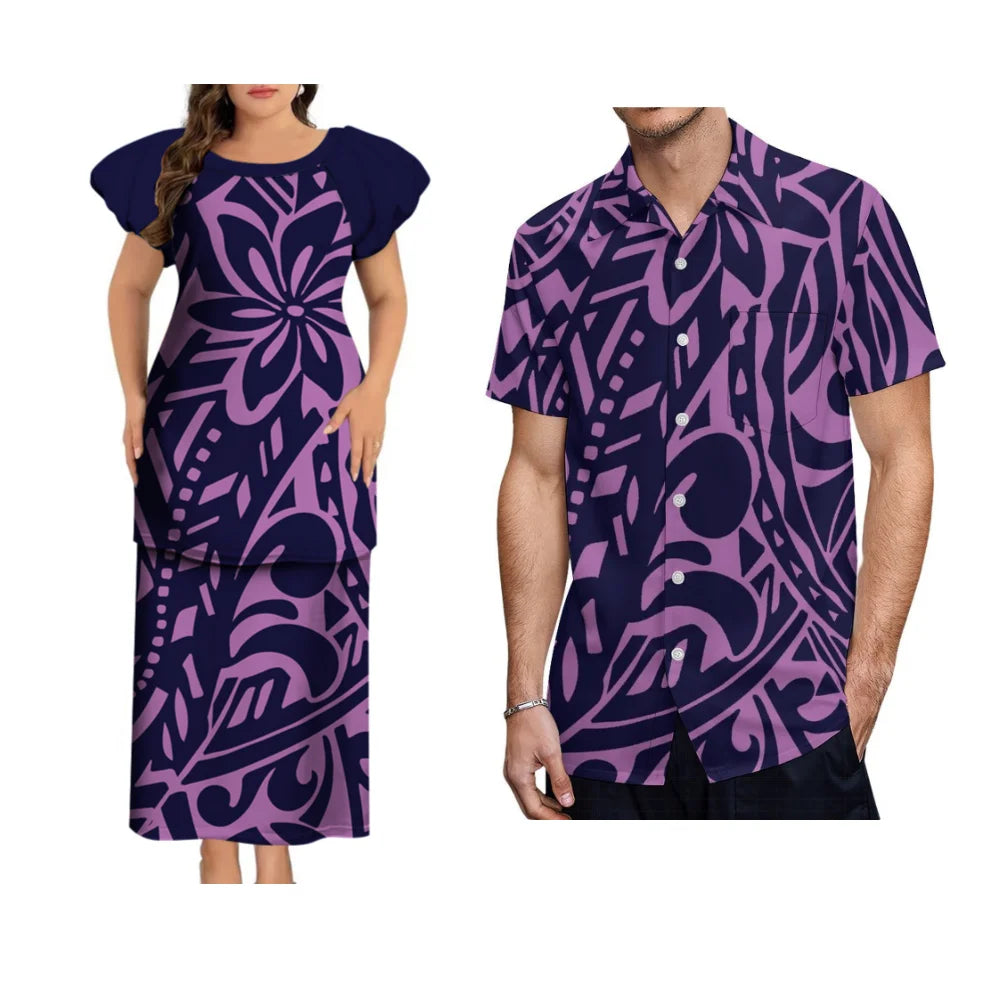 Puletasi Custom Polynesian Floral Print Long Dress Tonga Fiji Samoa Island Couple Suit Men'S Shirt Women'S Long Dress 2025 New