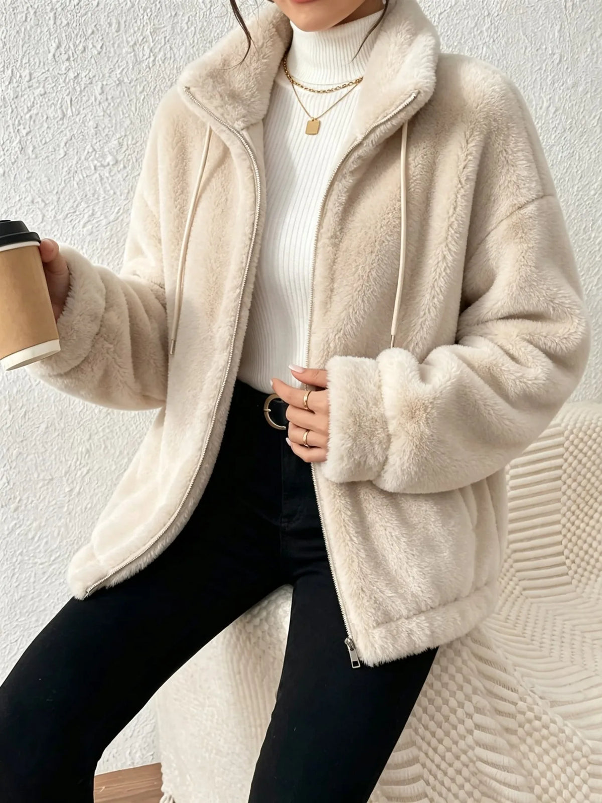 Women's Fuzzy Fleece Zip Up Jacket Loose Winter Plush Coat