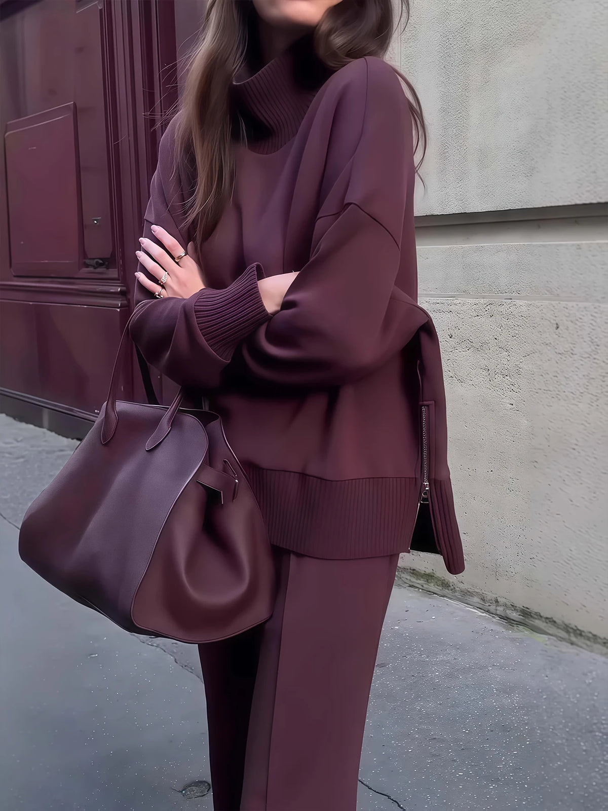 Women's Velvet Two Piece Suit With Turtleneck Sweatshirt And Wide Leg Pants
