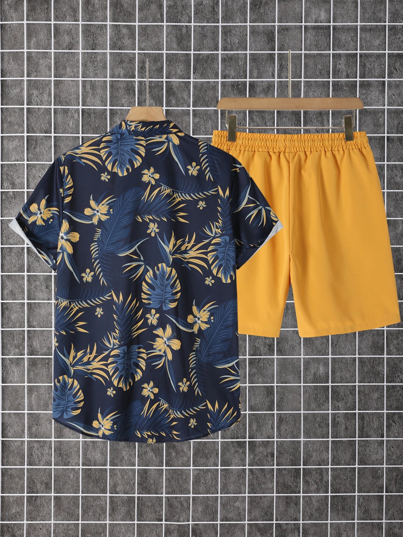 Mens Summer Printed Short Sleeve Button Down Shirt Shorts Set