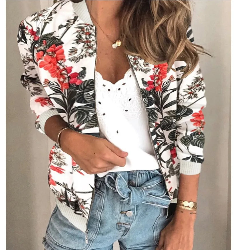 Women's Floral Zipper Bomber Jacket for Elegant Office Wear