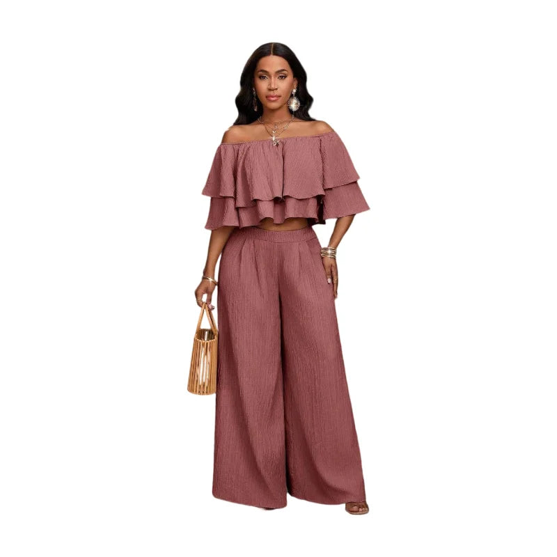Womens Off Shoulder Ruffle Crop Top Wide Leg Pants Set
