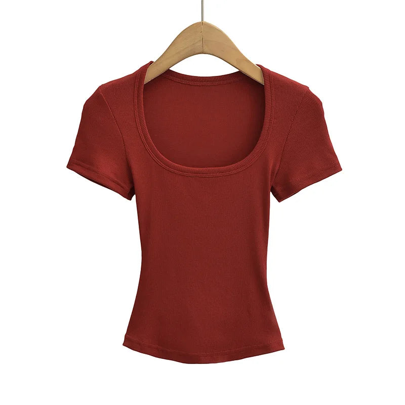 Dozw Square Collar High Stretch Summer Crop Top For Women Slim Fit Short Sleeve