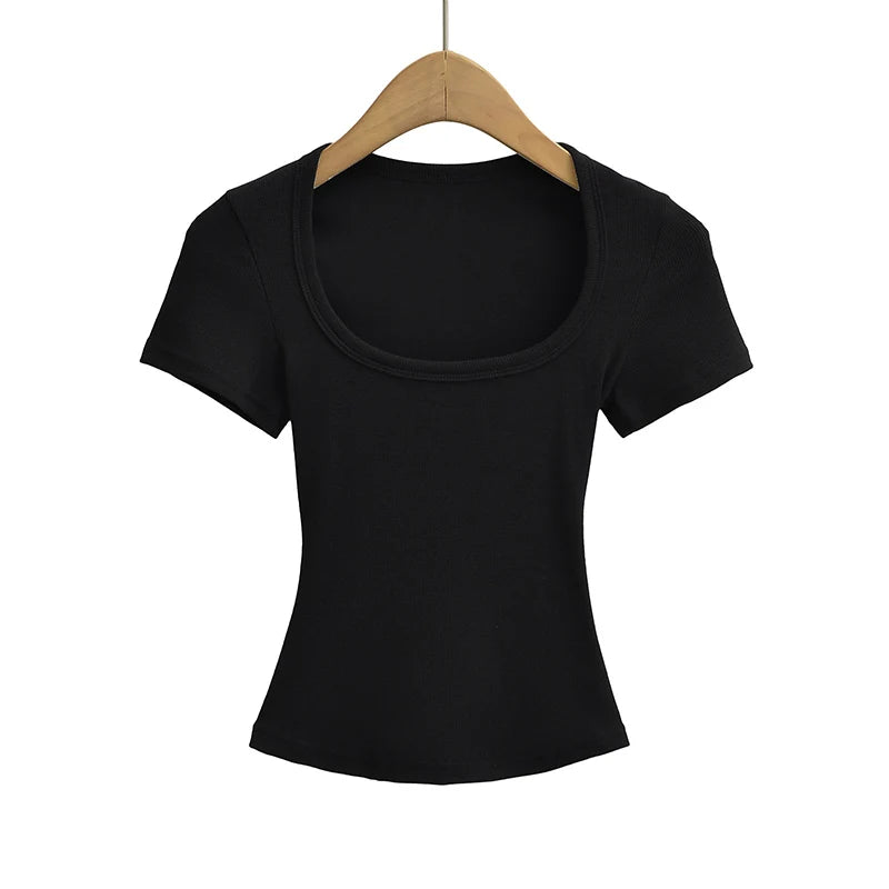 Dozw Square Collar High Stretch Summer Crop Top For Women Slim Fit Short Sleeve