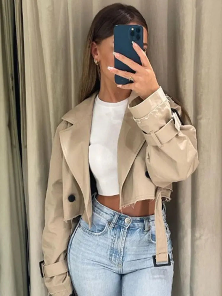 Nlzgmsj Belt Cropped Trench Coat Women Double Breasted Outerwear