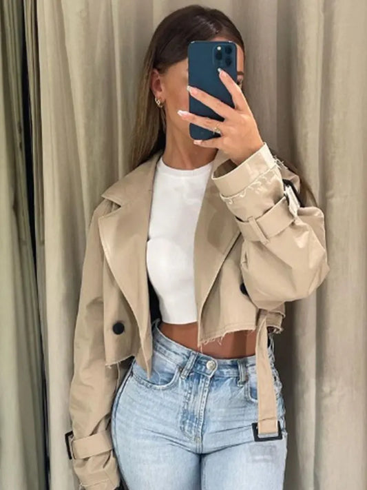 Nlzgmsj Belt Cropped Trench Coat Women Double Breasted Outerwear