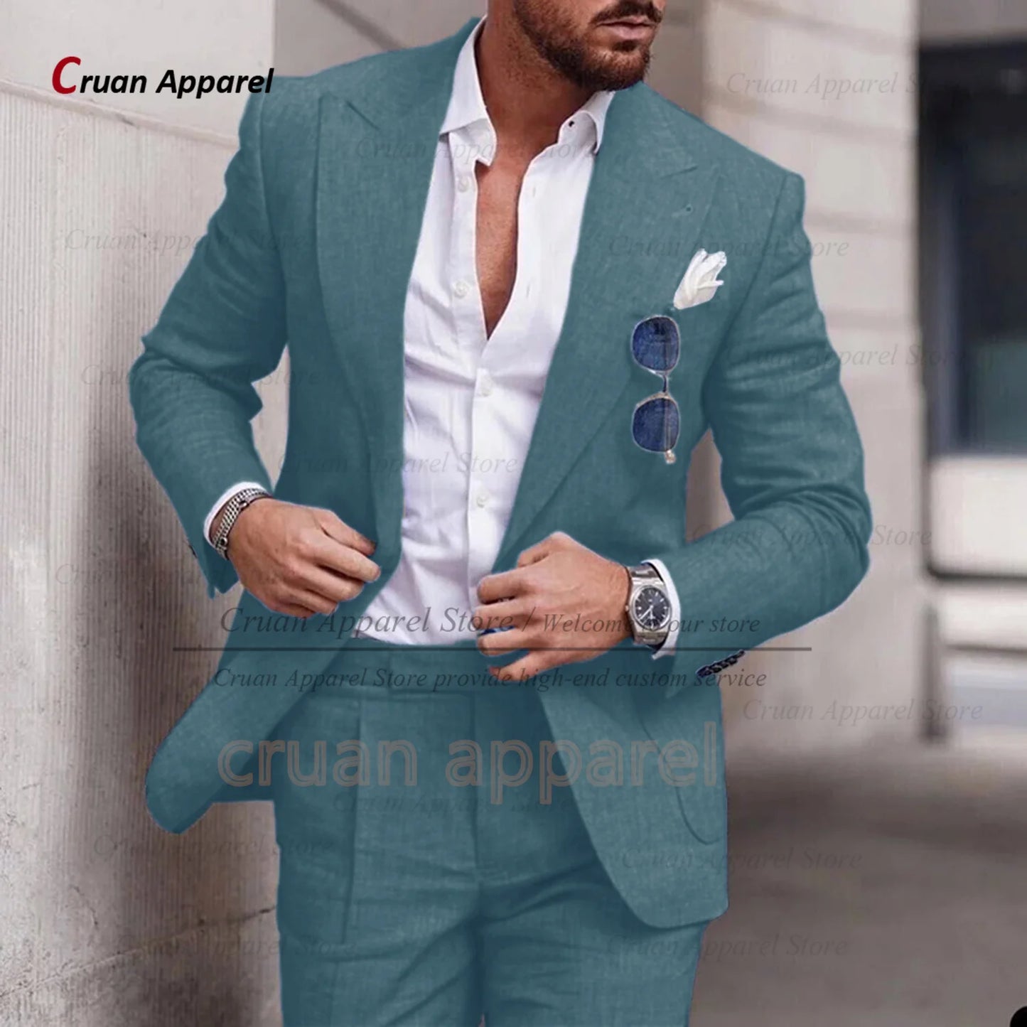 Men's Linen Suit Set With Peaked Lapel Blazer Pants