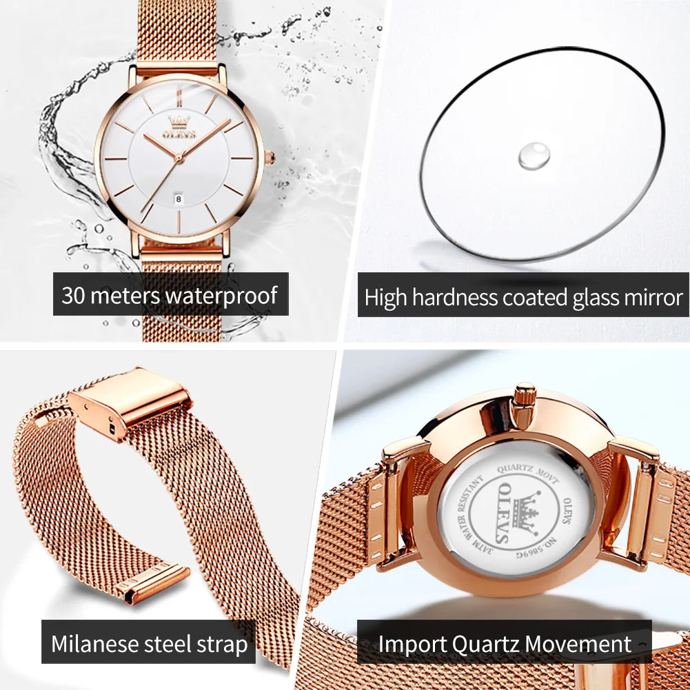 OLEVS Women's Ultra Thin Quartz Watch With Calendar And Waterproof