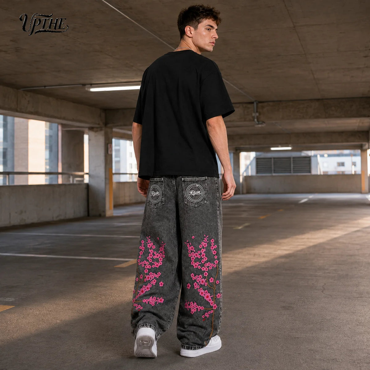 UPTHE Men's Embroidered Baggy Wide Leg Denim Jeans