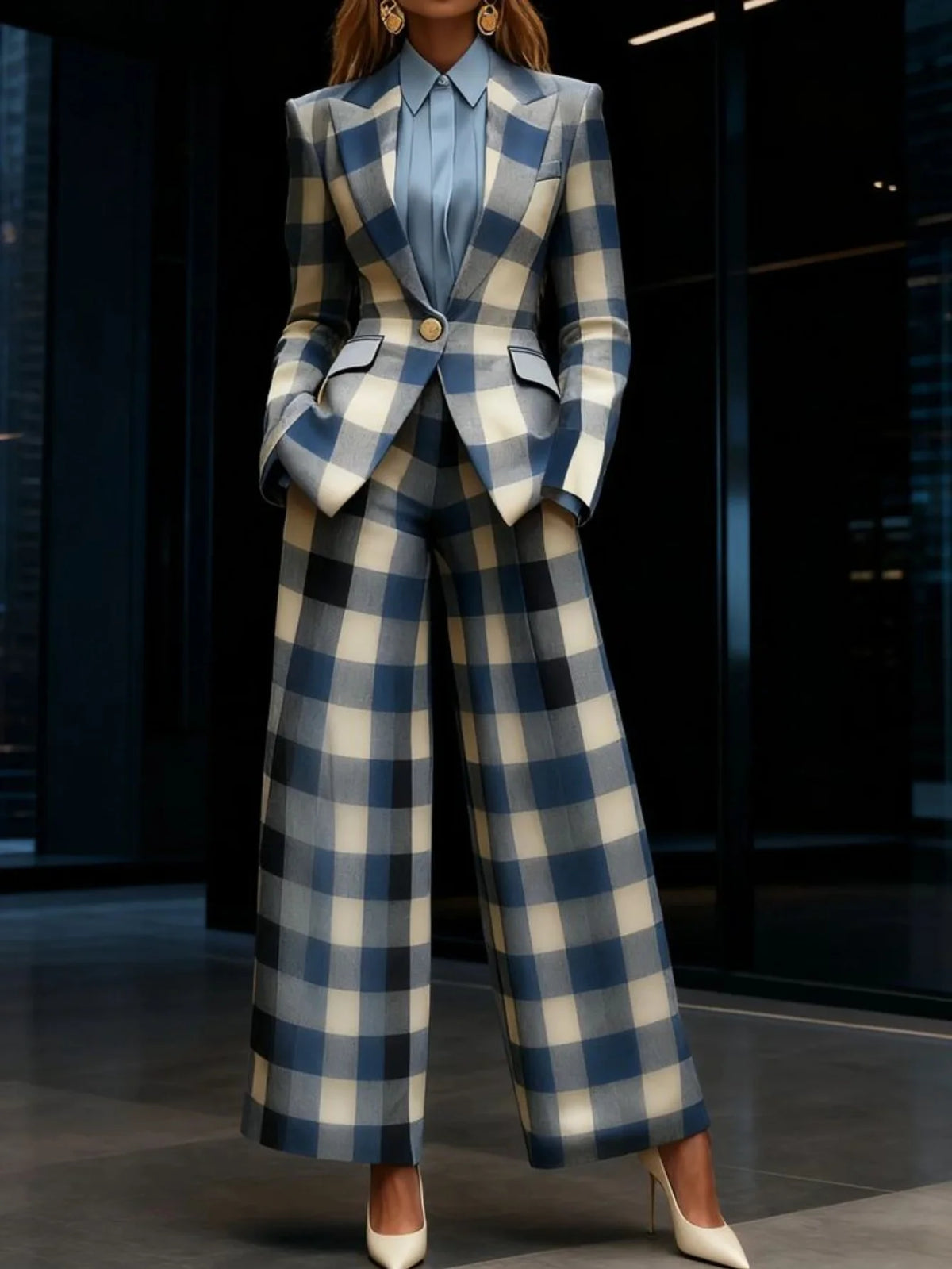 Plaid Print Womens Blazer And Wide Leg Pants Business Suit