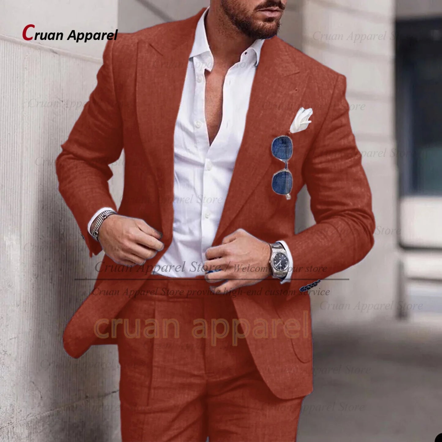 Men's Linen Suit Set With Peaked Lapel Blazer Pants