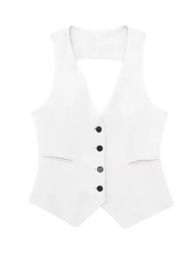 HH Women Fitted Solid Vest Top V Neck Button Streetwear