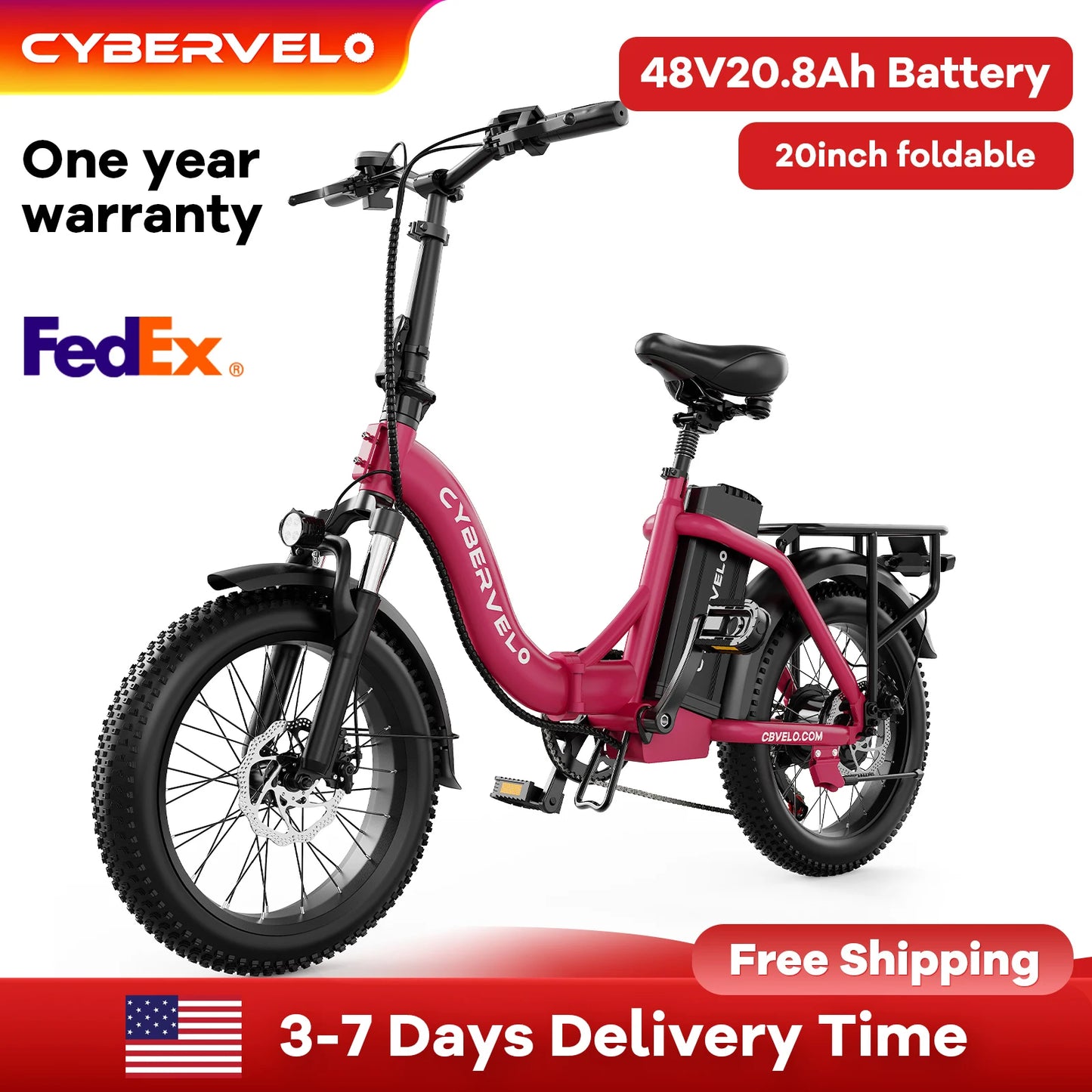 CYBERVELO 1000W Folding Electric Bike With Removable 48V Battery